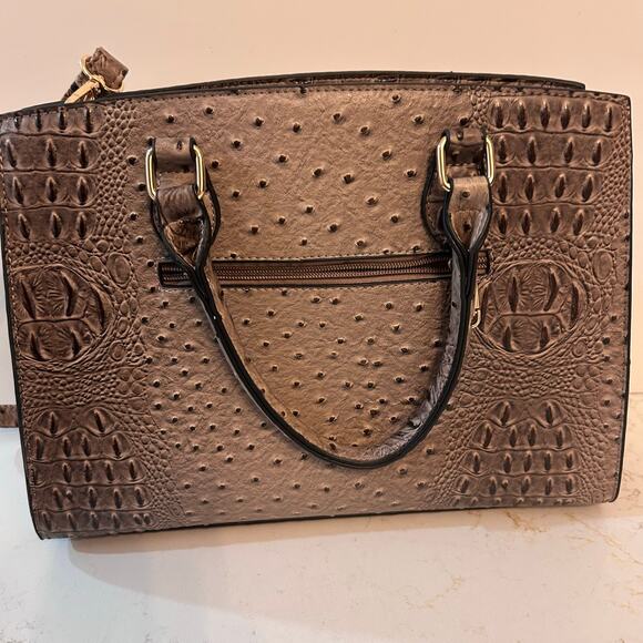 Designer Inspired Structured Handbag Faux Ostrich Croc Embossed Tote w/Wristlet - Picture 2 of 4